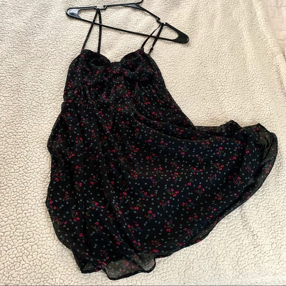 Ditzy Black Baby Doll Dress Red and Green Floral Print - Picture 1 of 5